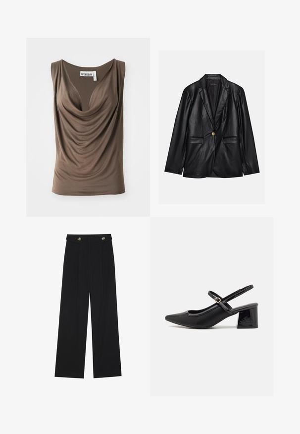 Schwarze Lederblazer mit Reverskragen, einem einzelnen goldenen Knopfverschluss, zwei Vorderaschen und glatter Oberfläche. Futter ist dunkel.; Braunes, ärmelloses Top mit tiefem Ausschnitt. Hergestellt aus weichem Stoff mit glatter Textur. Das Etikett trägt den Aufdruck "WEEKDAY" am Hals.; Schwarze weite Hosen mit hoher Taille, Knopfdetails am Bund und vorderen Falten.; Schwarze Lackleder-Slingback-Absätze mit spitzer Zehenform, einem runden Ausschnitt-Design und einem Blockabsatz. Mit einem goldfarbenen Schnallenakzent.