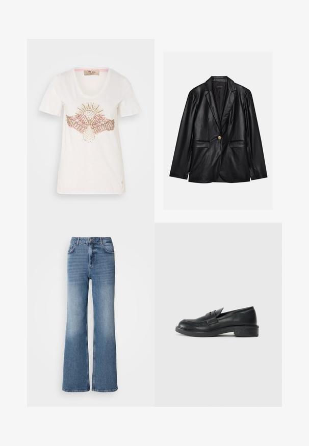 Černý kožený blazer s klopami, jedním zlatým zapínáním, dvěma předními kapsami a hladkým povrchem. Vnitřní podšívka je tmavá.; Bílý krátký rukáv triko s kulatým výstřihem, zdobený designem slunce a křídel v růžových a metalických akcentem, vyrobené z měkké látky.; Mos Mosh MAI - Džíny Straight Fit - blue wash; Černé kožené mokasíny s kulatou špičkou, prošitými detaily a malým podpatkem. Hladký povrch a flexibilní gumová podrážka.