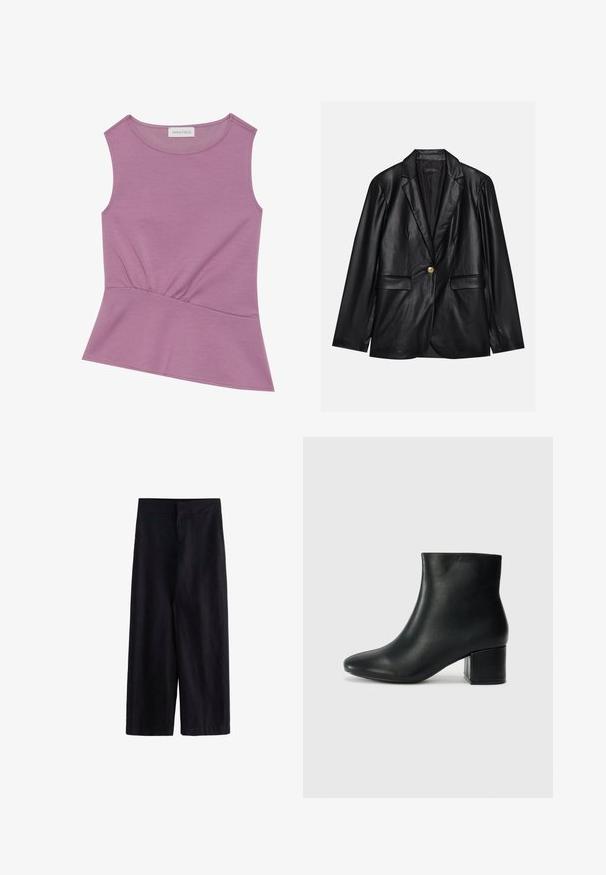 Schwarze Lederblazer mit Reverskragen, einem einzelnen goldenen Knopfverschluss, zwei Vorderaschen und glatter Oberfläche. Futter ist dunkel.; Ärmelloses lila Oberteil mit Rundhalsausschnitt und Raffung an der Taille, das am Saum leicht ausgestellt ist.; Schwarze weite Hosen aus leichtem Stoff. Mit einem flachen Bund, einem Reißverschluss vorne und Taschen ausgestattet, geeignet für Freizeit- oder formelle Anlässe.; Schwarze Leder-Ankle-Boots mit spitzem Zehenbereich und klobigem Absatz. Glatte Textur mit minimalen Akzenten und einem eleganten, taillierten Design.