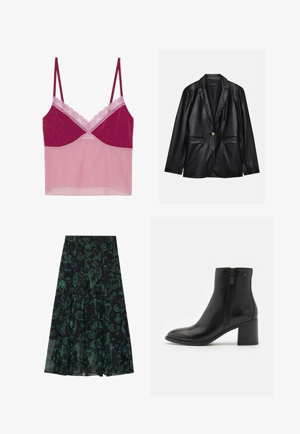 Sort læderblazer med klapkrave, enkelt guldknaplukning, to forlommer og glat finish. Inderlinningen er mørk.; Cami top med en mørk pink overdel og en gennemsigtig lys pink mesh bund, pyntet med delikate pink blondekanter langs halsudskæringen og stropperne.; Sort nederdel med grønt blomstermønster, med bølgende kanter og frynser. Fremstillet af letvægtsstof, som giver en flydende silhuet.; Sorte ankelstøvler lavet af glat læder med en lynlås på siden. De har en spids tå og en tekstureret blokhæl for stabilitet.