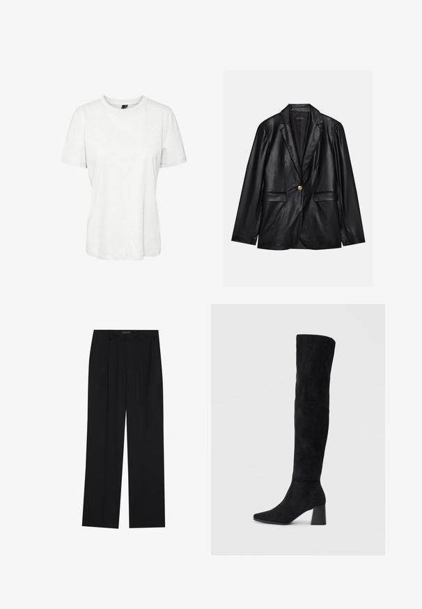 Melnas ādas žakete ar ieliektām atlokām, vienu zelta pogu aizdari, divām priekšējām kabatām un gludu apdari. Iekšējā odere ir tumša.; Balta īsām piedurknēm T-krekls, izgatavots no kokvilnas, ar noapaļotu kakla izgriezumu un brīvu piegriezumu. Gluda tekstūra, bez redzamām apdrukām vai rotājumiem.; Melni bikses ar taisnu kāju dizainu, kurām ir divi priekšējie kabatas un jostasvieta. Izgatavotas no gludas, vieglas auduma.; Melna zamšāda līdz ceļiem, ar blokveida papēdi, norādītu purngalu un gludu, bezšuvju dizainu uz vienkārša gaiša fona.