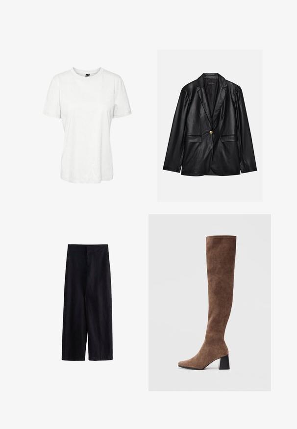 Blazer em couro preto com lapela recortada, fecho de um único botão dourado, dois bolsos frontais e acabamento suave. O forro interior é escuro.; T-shirt branca de manga curta feita de algodão, com decote redondo e um corte descontraído. Textura suave e sem padrões ou adornos visíveis.; Calças largas pretas feitas de um tecido leve. Apresentam uma cintura plana com um fecho à frente e bolsos, adequadas para uso casual ou formal.; Botas castanhas acima do joelho feitas de camurça macia, com bico fino e um salto grosso preto. O design apresenta costura sem emendas para um visual elegante.
