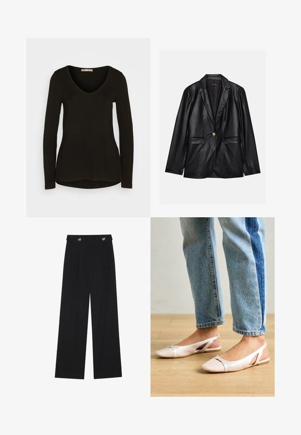 Čierny kožený blejzer s vykrojeným reverzom, jedným zlatým gombíkom, dvomi prednými vreckami a hladkým povrchom. Vnútorné podšívka je tmavá.; Dlhý rukáv, čierny top s výstrihom do V vyrobený z hladkej, elastickej tkaniny; má zaoblený lem a priliehavý strih.; Čierne široké nohavice s vysokým pásom, so zapínaním na gombíky na páse a prednými sklady.; Svetloružové slingback baleríny s jemne špicatou špičkou, vyrobené z hladkého materiálu pripomínajúceho kožu. Majú výrezové detaily na stranách a plochý opätok.