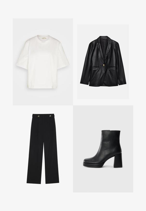 Blazer de cuero negro con solapa muestrada, cierre con un solo botón dorado, dos bolsillos frontales y un acabado suave. El forro interior es oscuro.; Lindex LOLA - Camiseta básica - white; Pantalones de pierna ancha negros con cintura alta, detalles de botones en la cinturilla y pliegues en la parte delantera.; Botín de cuero negro con tacón cuadrado y suela de plataforma, visto de lado sobre un fondo blanco liso.