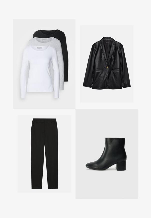 Blazer em couro preto com lapela recortada, fecho de um único botão dourado, dois bolsos frontais e acabamento suave. O forro interior é escuro.; Três t-shirts de manga longa em branco, cinza e preto; decote redondo; tecido suave; etiquetas visíveis na camisa cinza para identificação da marca.; Calças pretas com um design ajustado, apresentando bolsos laterais e pernas retas. Feitas de um tecido suave e leve com um acabamento elegante.; Botas de tornozelo em pele preta com bico pontiagudo e um salto robusto. Textura suave com acentos mínimos e um design ajustado e elegante.
