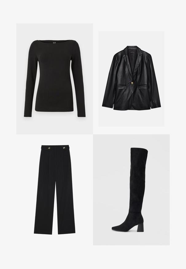 Mustapitsin takki, jossa on viiksikäänteet, yksittäinen kultaknoppi, kaksi etutaskua ja sileä pinta. Sisävuori on tumman värinen.; Musta pitkähihainen paita, joka on valmistettu pehmeästä puuvillasta. Siinä on pyöreä kaula-aukko ja istuva muotoilu, jossa on siistit saumat eikä näkyviä koristeluja.; Mustat leveälahkeiset housut, joissa on korkea vyötärö, napit vyötärönauhassa ja etupuolella laskokset.; Musta samettinen polvipitkä saapas, jossa on lohkarekorko, terävä nilkka ja sileä, saumatonta muotoilua tasaisella vaalealla taustalla.