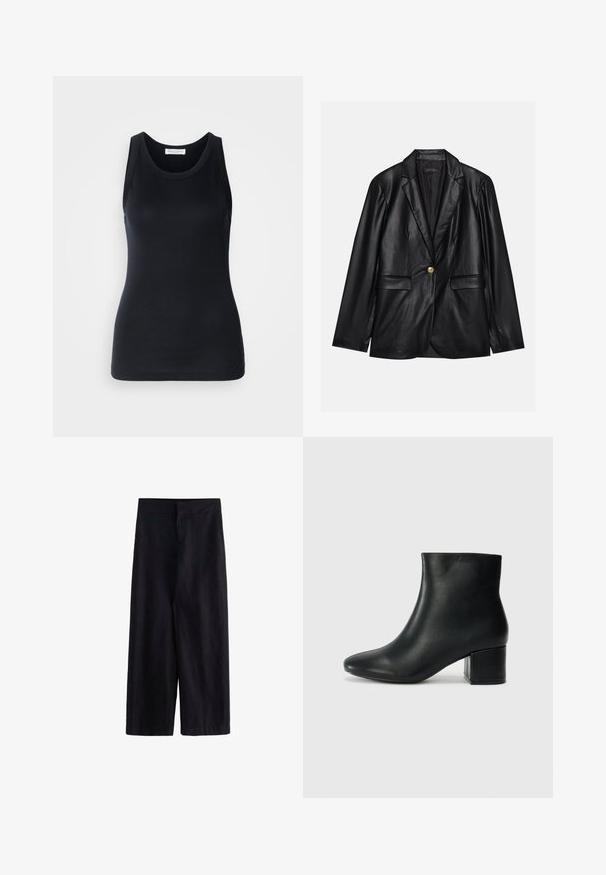 Mustapitsin takki, jossa on viiksikäänteet, yksittäinen kultaknoppi, kaksi etutaskua ja sileä pinta. Sisävuori on tumman värinen.; Musta hihaton paita, joka on valmistettu pehmeästä ja joustavasta kankaasta. Siinä on pyöreä kaula-aukko ja leveät olkaimet, muotoiltu siluetti ja sileä rakenne.; Mustat leveät housut, valmistettu kevyestä kankaasta. Ominaisuuksiin kuuluu litteä vyötärö, etuvetoketju ja taskut, sopii sekä rentoon että viralliseen käyttöön.; Musta nahkasaappaat nilkkapituudella, jossa on terävä kärki ja paksu korko. Silkkinen pinta, jossa on minimaaliset yksityiskohdat ja tyylikäs, istuva muotoilu.