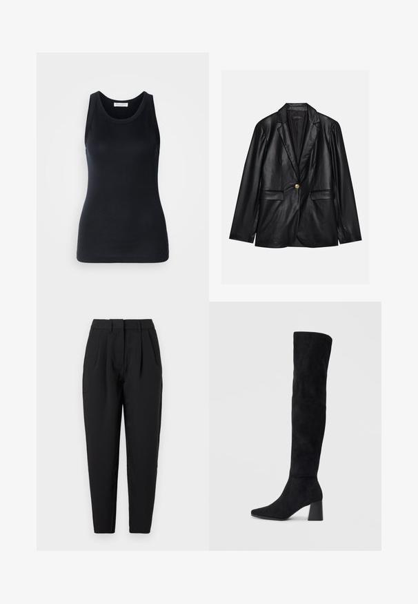 Blazer en cuir noir avec un revers cranté, fermeture à un bouton doré, deux poches avant et finition lisse. Doublure intérieure de couleur sombre.; Débardeur noir en tissu doux et extensible. Il dispose d'un col rond et de larges bretelles, avec une silhouette ajustée et une texture lisse.; Pantalon noir à coupe droite, avec des plis à l'avant, une texture lisse et des poches latérales. La taille est de hauteur standard.; Botte noire en daim montée jusqu'au genou, avec un talon bloc, un bout pointu et un design lisse et sans couture sur un fond clair.