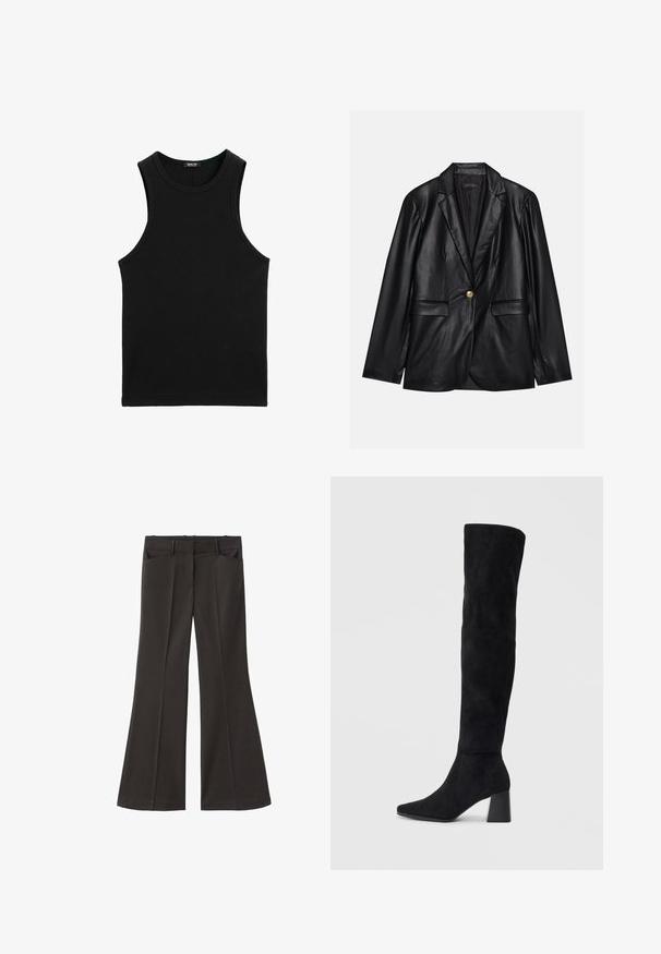 Blazer in pelle nera con revers, chiusura con un bottone dorato, due tasche frontali e finitura liscia. Fodera interna di colore scuro.; Top aderente nero a costine con scollatura rotonda e maniche larghe. Realizzato in tessuto morbido ed elastico. Design semplice e attillato.; Pantaloni neri a zampa d'elefante con vita alta; presentano due tasche frontali e una texture del tessuto liscia. Adatti per varie occasioni.; Stivale in suede nero alto fino al ginocchio con tacco a blocco, punta affusolata e design liscio e senza cuciture su uno sfondo chiaro e semplice.