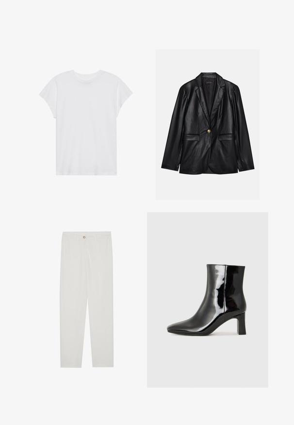Svart skinnblazer med klaffkrage, en enkelt gullknapp-lukking, to frontlommer og glatt finish. Innertrekket er mørkt.; Hvit t-skjorte med korte ermer og rund hals, avslappet passform, laget av myk bomull. Glatt tekstur, uten mønstre eller logoer.; Hvite, skreddersydde bukser med rette ben, med knapplukking, beltehemper og sidelommer; glatt tekstur.; Sorte patentlær ankle boot med spiss tå og en mellomhøy blokkhelt. Glatt tekstur og minimalistisk design.
