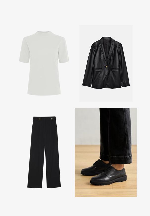 Čierny kožený blejzer s vykrojeným reverzom, jedným zlatým gombíkom, dvomi prednými vreckami a hladkým povrchom. Vnútorné podšívka je tmavá.; ICHI IHRANIA - Základné tričko - cloud dancer; Čierne široké nohavice s vysokým pásom, so zapínaním na gombíky na páse a prednými sklady.; Čierne kožené šnurovacie topánky s hladkým povrchom, zaoblenou špičkou a hrubou gumovou podrážkou, skombinované s skrátenými tmavými džinami.