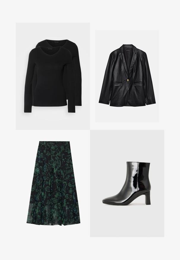 Czarna skórzana marynarka z klapami, pojedynczym zapięciem na złoty guzik, dwoma kieszeniami z przodu i gładkim wykończeniem. Podszewka jest ciemna.; Dwie czarne koszule z długim rękawem o designie w kształcie litery V, wykonane z miękkiego, elastycznego materiału, o gładkiej teksturze i dopasowanym kroju.; Czarna spódnica z zielonym kwiatowym wzorem, z falbaniastymi brzegami i plisami. Wykonana z lekkiego materiału, oferującego zwiewny kształt.; Czarne lakierowane botki za kostkę z wysmukłym noskiem i średniej wysokości obcasem w kształcie słupka. Gładka tekstura i minimalistyczny design.