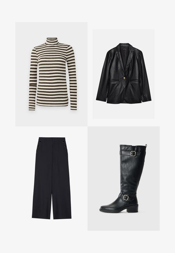 Mustapitsin takki, jossa on viiksikäänteet, yksittäinen kultaknoppi, kaksi etutaskua ja sileä pinta. Sisävuori on tumman värinen.; Pitkähihaista poolopaitaa tummanoliivinvihreässä ja valkoisissa vaakaraidoissa, valmistettu pehmeästä, kevyestä kankaasta. Ominaisuuksina muotoonompelut malli.; Avokkaat housut tummansinisestä kankaasta, joissa on sileä texture, etu laskokset ja koristeelliset kultasävyiset nauhat sivutaskuissa.; Pitkät mustat nahkasaappaat, joissa on matala korko, koristeelliset soljet nilkassa ja ylhäällä sekä vetotappi takana.