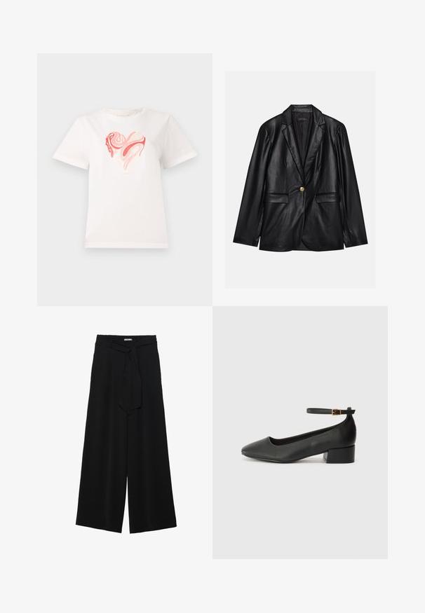 Czarna skórzana marynarka z klapami, pojedynczym zapięciem na złoty guzik, dwoma kieszeniami z przodu i gładkim wykończeniem. Podszewka jest ciemna.; Biała koszulka bawełniana z grafiką serca w odcieniach różu i koralu, z wirującymi abstrakcyjnymi wzorami na środku. Krótkie rękawy, okrągły dekolt.; Czarne spodnie szerokie z teksturowanej tkaniny, z elastycznym paskiem w talii i odpinanym paskiem w talii dla regulowanego dopasowania.; Czarne skórzane szpilki z ostrym noskiem i niskim słupkowym obcasem. Wyposażone w pasek na kostkę z złotym zapięciem. Gładka tekstura.