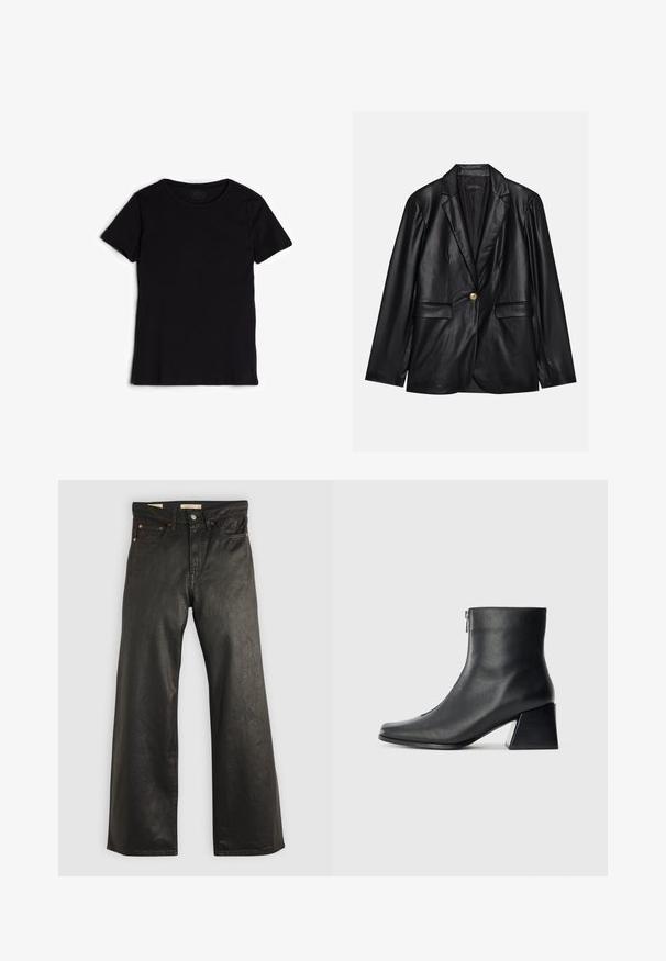 Černý kožený blazer s klopami, jedním zlatým zapínáním, dvěma předními kapsami a hladkým povrchem. Vnitřní podšívka je tmavá.; Černé tričko s krátkým rukávem vyrobené z měkké bavlny. Má kulatý výstřih a hladkou, rovnoměrnou texturu bez viditelných vzorů nebo ozdob.; Černé džíny s širokými nohavicemi a hladkým povrchem, obsahující pět kapes a detaily z měděného tónu. Klasické zapínání na knoflík.; Černá kožená kotníková bota se čtveratým špičkou, bočním zipem a blokovým podpatkem na jednobarevném světlem pozadí.
