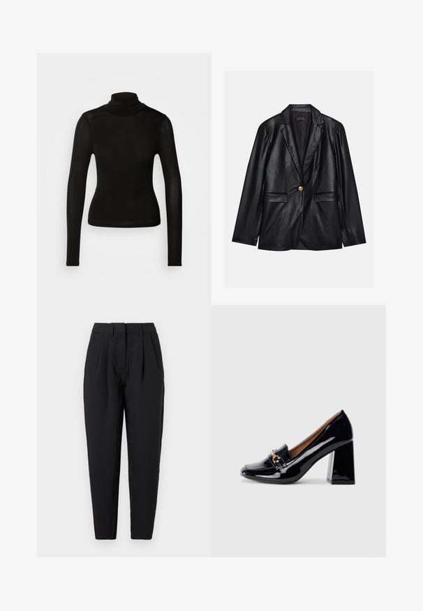 Black leather blazer with a notched lapel, single gold button closure, two front pockets, and smooth finish. Inner lining is dark.; Black turtleneck top made from a lightweight, stretchy material. Features long sleeves and a fitted silhouette without visible seams.; Black trousers with a straight fit, featuring pleats at the front, a smooth texture, and side pockets. The waistband is standard height.; Black patent leather high-heeled shoe with a pointed toe and block heel. Features a decorative strap and buckle detail on the vamp.