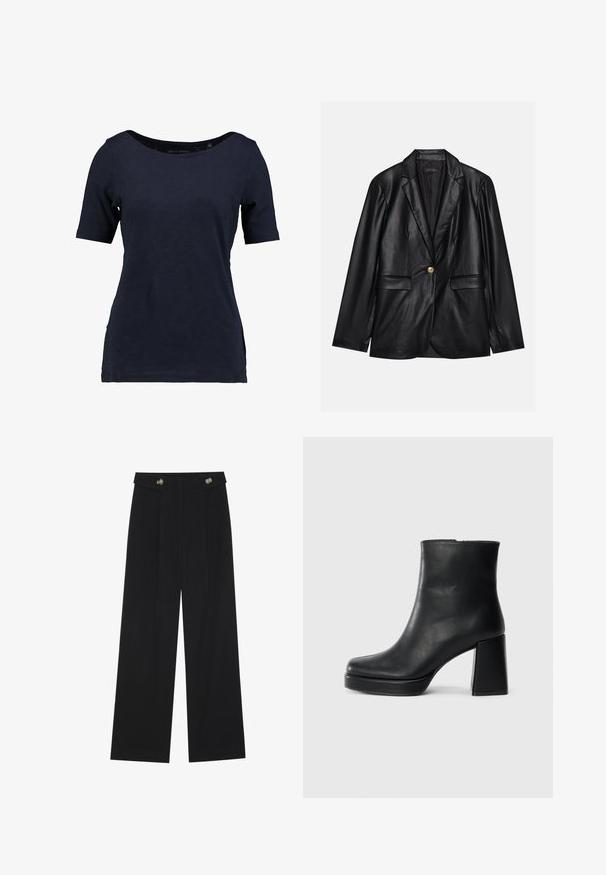 Melnas ādas žakete ar ieliektām atlokām, vienu zelta pogu aizdari, divām priekšējām kabatām un gludu apdari. Iekšējā odere ir tumša.; Tumši zils īsām piedurknēm T-krekls, izgatavots no kokvilnas. Tam ir ovāla kakla izgriezums un brīvs piegriezums ar sānu izgriezumiem, lai nodrošinātu vieglu kustību.; Melnas platās bikses ar augstu jostasvietu, pogu detaļām uz jostas un priekšējām krokām.; Melna ādas potīšu zābaku ar bloku papēdi un platformas zoli, skatīts no sāna uz vienkārša balta fona.