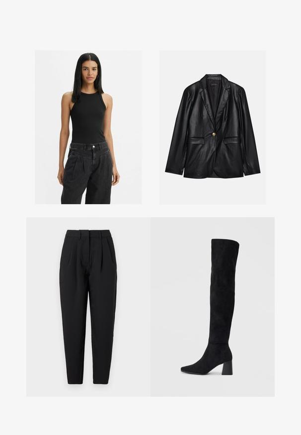 Mustapitsin takki, jossa on viiksikäänteet, yksittäinen kultaknoppi, kaksi etutaskua ja sileä pinta. Sisävuori on tumman värinen.; Musta ribbattu toppi korkean kaula-aukon kanssa, jossa on kapeat olkaimet. Malli yhdistää sen korkeavyötäröisten tummien farkkujen kanssa.; Mustat suorat housut, joissa on etupuolella laskokset, sileä pinta ja sivutaskut. Vyötärönkorkeus on normaali.; Musta samettinen polvipitkä saapas, jossa on lohkarekorko, terävä nilkka ja sileä, saumatonta muotoilua tasaisella vaalealla taustalla.