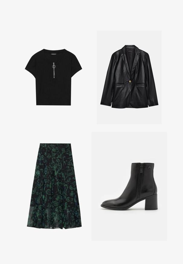 Melnas ādas žakete ar ieliektām atlokām, vienu zelta pogu aizdari, divām priekšējām kabatām un gludu apdari. Iekšējā odere ir tumša.; Melnā ribota īsām piedurknēm tops ar apaļu kakla izgriezumu un priekšējo rāvējslēdzēju ar metāla gredzenu, izgatavots no teksturētas auduma.; Melnā svārku ikona ar zaļiem ziedu rakstiem, kas piedāvā volānu maliņas un krokojumus. Izgatavota no viegla auduma, nodrošinot plūstošu siluetu.; Melnas potītes kurpes, izgatavotas no gludas ādas, ar sānu rāvējslēdzēju. Tām ir smaila purngala forma un teksturēts blokveida papēdis stabilitātei.