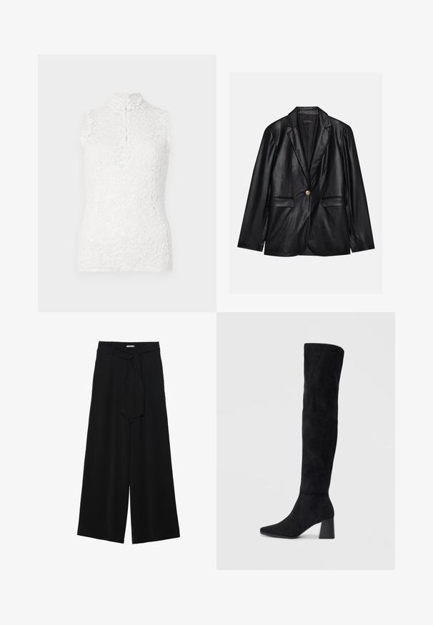 Svart läderblazer med kavajkrage, enkel guldkknapp, två framfickor och slät yta. Inre foder är mörkt.; Ärmlös vit spetsblus med hög krage, blommönster och framknäppning mot en enkel bakgrund.; Svarta vida byxor med texturerad tyg, elastisk midja och en avtagbar käppknut i midjan för justerbar passform.; Svarta mocka knähöga stövlar med klack, spetsig tå och slät, sömlös design mot en ljus, enfärgad bakgrund.