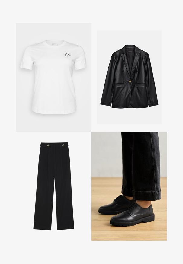 Must musta blazeri, millel on narmastega krae, üks kuldne nupulukk, kaks esist pockets ja sile viimistlus. Sisemine vooder on tume.; Valge puuvillane T-särk ümmarguse kaelusega ja lühikeste varrukatega. Vasakul rinnal on väike must "CK" logo. Sile tekstuur, klassikaline lõige.; Mustad laiad püksid kõrge vöökoha ja nööpdetailidega vööandil, esikortsudega.; Mustad nahast puhked, millel on sile pind, ümar varvas ja paks kummitald, koos lühikeste tumedate teksadega.