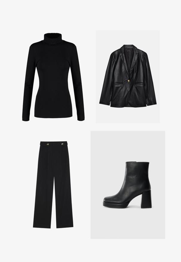 Juodas odinis švarkas su notch lapel, vienu auksiniu mygtuku užsegimu, dviem priekinėmis kišenėmis ir lygiu paviršiumi. Vidinėje pamušalo dalyje yra tamsi spalva.; Juodas ilgomis rankovėmis tvarstinis, pagamintas iš minkštos, elastingos medžiagos, su prigludusia siluetu ir aukštu apykakle. Be raštų ar dekoracijų.; Juodi plačios kojos kelnės su aukštu liemeniu, sagų detalėmis ant liemens ir priekinėmis raukšlėmis.; Juodas odinis kulkšninis botas su bloku ir platformos padu, matomas šoniniu vaizdu ant balto fono.