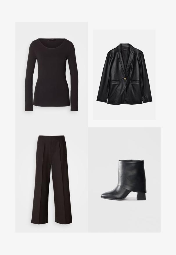 Black leather blazer with a notched lapel, single gold button closure, two front pockets, and smooth finish. Inner lining is dark.; Black long-sleeve top made of smooth fabric with a round neckline and fitted silhouette; features no patterns or accents.; Black wide-leg trousers with a flat front, pleats, and a smooth fabric texture. Features a high waist and tailored cut for a structured fit.; Black leather ankle boot with a pointed toe, smooth texture, and a structured block heel. Features a high, folded cuff design.
