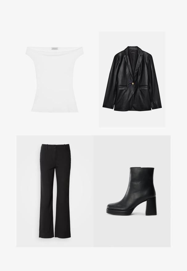 Černý kožený blazer s klopami, jedním zlatým zapínáním, dvěma předními kapsami a hladkým povrchem. Vnitřní podšívka je tmavá.; Bílý top bez ramínek vyrobený z hladkého materiálu, s přiléhavým střihem a kulatým výstřihem. Štítek uprostřed nahoře nese nápis "ANNA FIELD."; Černé kalhoty z bavlněné směsi se střihem rovného nohavice, se zapínáním na knoflík vpředu a dvěma bočními kapsami. Hladká textura, žádné viditelné vzory.; Černý kožený kotníkový bot s blokovým podpatkem a platformou, viděný z boku na jednoduchém bílém pozadí.