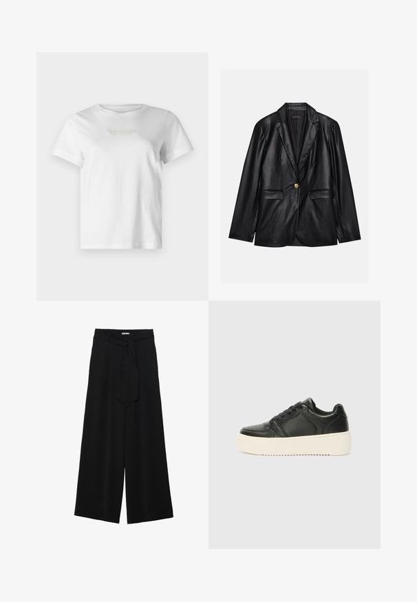 Sort læderblazer med klapkrave, enkelt guldknaplukning, to forlommer og glat finish. Inderlinningen er mørk.; Hvid bomulds T-shirt med korte ærmer, prydet med et tekstureret guld- og grå mærke-logo foran. Klassisk rund hals, afslappet pasform.; Sorte vide bukser i en tekstureret stofkvalitet, med elastisk talje og et aftageligt bånd i taljen for justerbar pasform.; Sorte lædersneakers med en glat tekstur, tykk cremede sål, rund tå og klassisk snøredesign. Subtile syninger.