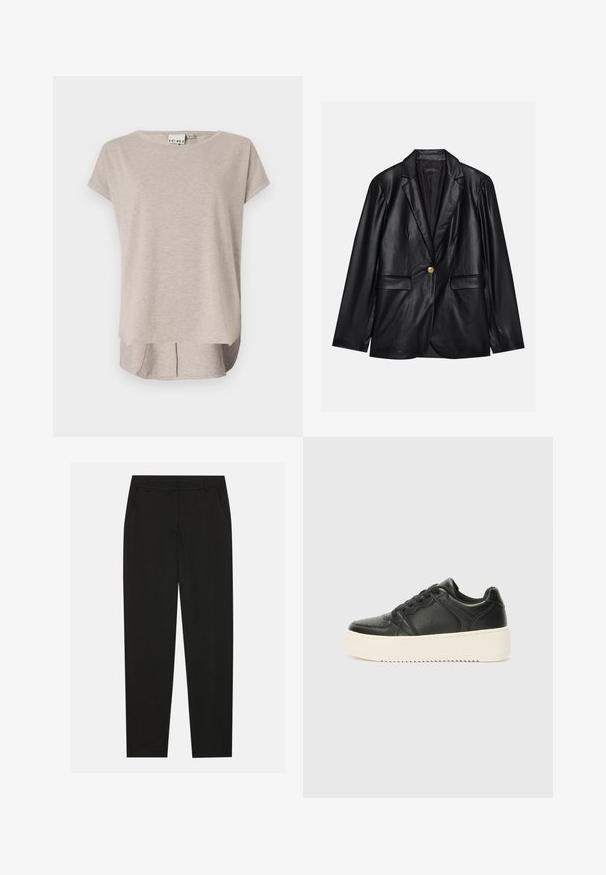 Black leather blazer with a notched lapel, single gold button closure, two front pockets, and smooth finish. Inner lining is dark.; Light beige short-sleeve T-shirt made from soft fabric. Rounded neckline, relaxed fit, and a slightly longer back with side slits.; Black trousers with a tailored design, featuring side pockets and a straight leg. Made from smooth, lightweight fabric with a sleek finish.; Black leather sneaker with a smooth texture, thick cream-colored sole, round toe, and classic lace-up design. Subtle stitching details.