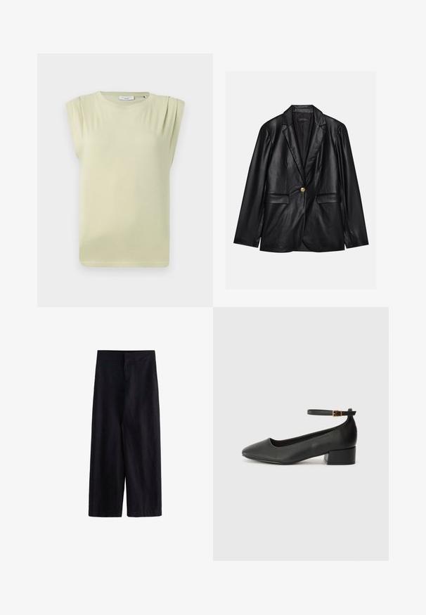 Blazer de cuero negro con solapa muestrada, cierre con un solo botón dorado, dos bolsillos frontales y un acabado suave. El forro interior es oscuro.; Top verde claro de manga corta con un corte relajado. Presenta sutiles pliegues en los hombros y un escote redondo. Tejido suave y liso.; Pantalones de pierna ancha negros, confeccionados en una tela ligera. Cuentan con una cinturilla plana, cremallera frontal y bolsillos, adecuados para uso casual o formal.; Zapato de tacón negro de cuero con punta afilada y tacón bajo cuadrado. Presenta una correa para el tobillo con una hebilla en tono dorado. Textura suave.