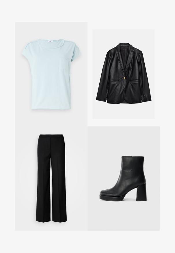 Černý kožený blazer s klopami, jedním zlatým zapínáním, dvěma předními kapsami a hladkým povrchem. Vnitřní podšívka je tmavá.; Světle modré triko s krátkým rukávem vyrobené z jemné bavlny, s kulatým výstřihem a malou kapsou na levé části hrudi. Jednoduchý design.; Černé kalhoty s širokými nohavicemi z hladkého materiálu, s vysokým pasem, tailorovými švy a minimalistickým designem. Žádné viditelné kovové prvky ani kapsy.; Černý kožený kotníkový bot s blokovým podpatkem a platformou, viděný z boku na jednoduchém bílém pozadí.