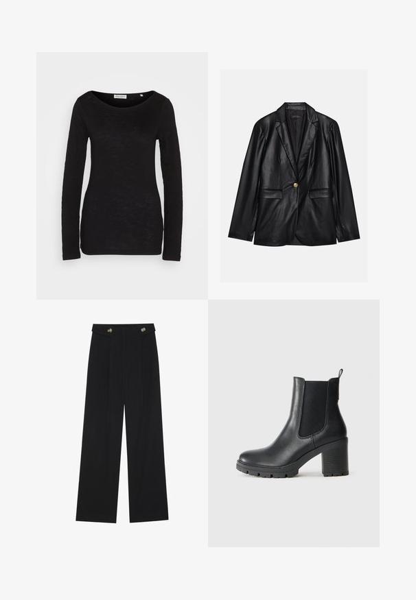 Blazer em couro preto com lapela recortada, fecho de um único botão dourado, dois bolsos frontais e acabamento suave. O forro interior é escuro.; Top preto de manga longa com um decote largo em forma de barco, feito de um tecido texturizado. Apresenta mangas ajustadas e uma silhueta slim.; Calças largas pretas com cintura alta, detalhes em botão na cintura e pregas frontais.; Bota de tornozelo em couro preto com painéis laterais elásticos, sola de borracha robusta e um salto bloco alto. Apresenta uma alça na parte de trás.