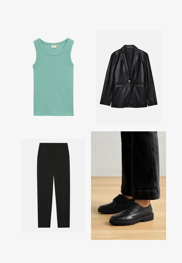 Melnas ādas žakete ar ieliektām atlokām, vienu zelta pogu aizdari, divām priekšējām kabatām un gludu apdari. Iekšējā odere ir tumša.; Gaiši tirkīza krāsas topiņš bez piedurknēm, izgatavots no ribota kokvilnas, ar apaļu kakla izgriezumu un bez rotājumiem.; Melnas bikses ar pielāgotu dizainu, ar sānu kabatām un taisnu kāju. Izgatavotas no gluda, viegla auduma ar elegantu apdari.; Melnas ādas šņorējamās kurpes ar gludu virsmu, noapaļota purngala un biezas gumijas zole, apvienotas ar īsām tumšām džinsām.