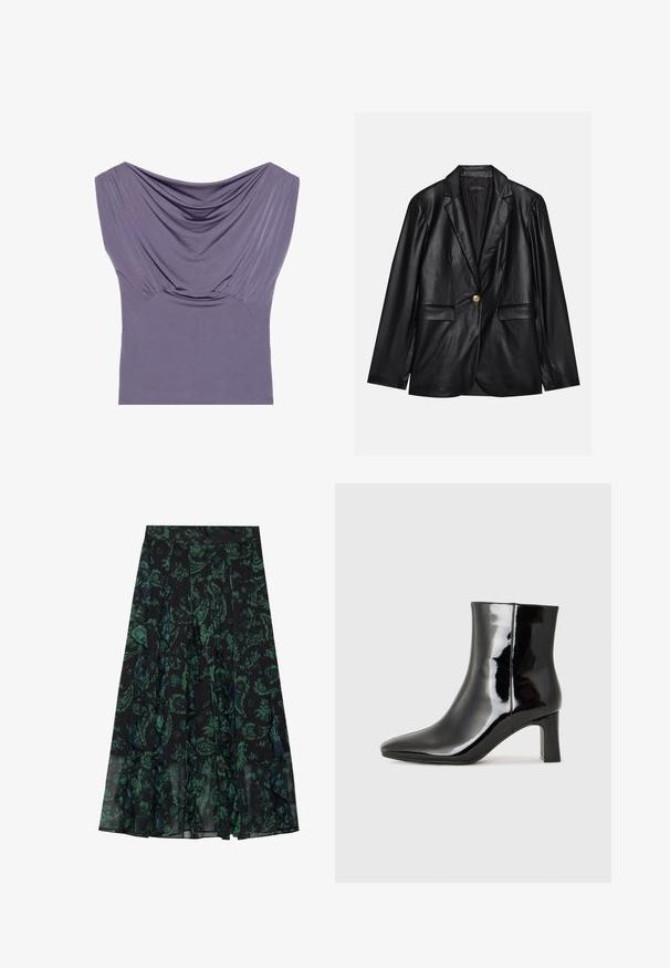 Black leather blazer with a notched lapel, single gold button closure, two front pockets, and smooth finish. Inner lining is dark.; Purple fitted top with draped neckline, short sleeves, and gathered texture, made from soft, stretchable fabric for comfort.; Black skirt with green floral pattern, featuring ruffled edges and pleats. Made from lightweight fabric, offering a flowing silhouette.; Black patent leather ankle boot with a pointed toe and a mid-height block heel. Smooth texture and minimalist design.