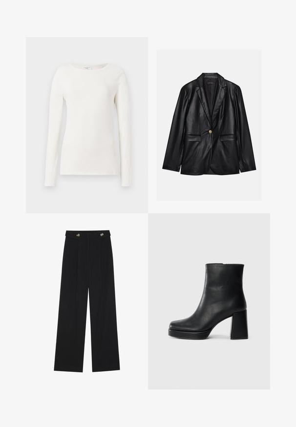 Čierny kožený blejzer s vykrojeným reverzom, jedným zlatým gombíkom, dvomi prednými vreckami a hladkým povrchom. Vnútorné podšívka je tmavá.; Dlhý rukáv bielej bavlnenej košele s okrúhlym výstrihom, hladkou textúrou a priliehavým strihom. Žiadne viditeľné vzory ani akcenty.; Čierne široké nohavice s vysokým pásom, so zapínaním na gombíky na páse a prednými sklady.; Čierne kožené členkové topánky s blokovým podpätkom a platformovou podrážkou, zobrazené z boku na bielom pozadí.