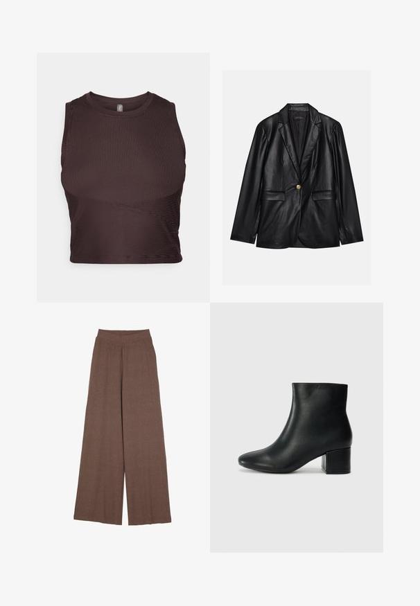 Svart läderblazer med kavajkrage, enkel guldkknapp, två framfickor och slät yta. Inre foder är mörkt.; Mörkbrun ribbad crop top med breda axelremmar, rund halsringning och sömlös design. Har en figurnära silhuett och elastiskt tyg för komfort.; Breda byxor i en strukturerad, ribbad tygkvalitet i en varm brun nyans. Har en sömlös midja och en svävande silhuett.; Svarta läderankelstövlar med spetsig tå och kraftig klack. Slät textur med minimala accenter och en stilren, åtsittande design.
