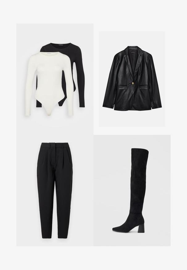 Blazer em couro preto com lapela recortada, fecho de um único botão dourado, dois bolsos frontais e acabamento suave. O forro interior é escuro.; Duas bodies de mangas longas em branco e preto. Feitas de tecido liso, com decotes redondos e parte inferior tipo fio dental para um uso mais elegante.; Calças pretas com um corte reto, apresentando pregas na frente, uma textura suave e bolsinhos laterais. A cintura tem altura padrão.; Bota de camurça preta até ao joelho com salto bloco, bico fino e design suave e sem costuras sobre um fundo claro.