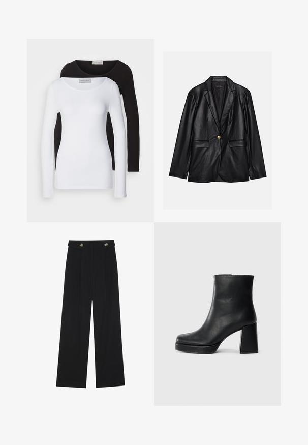 Sacou din piele neagră cu rever ascuțit, închidere cu un singur nasture auriu, două buzunare frontale și finisaj neted. Captuseala interioară este de culoare închisă.; Tricouri cu mânecă lungă din bumbac alb și negru, cu decolteu rotund și un design ajustat. Eticheta este vizibilă la gât.; Pantaloni negri cu picioare largi, talie înaltă, detalii cu butoane pe talie și pliseuri în față.; Botină din piele neagră, cu toc pătrat și talpă platformă, văzută din lateral pe un fundal alb simplu.
