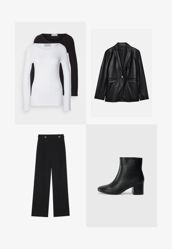 Fekete bőr blézer, kihajtott gallérral, egyetlen arany gombbal záródik, két elülső zsebbel rendelkezik, és sima felülettel bír. Belső bélése sötét színű.; Hosszú ujjú pólók fehér és fekete pamutból, kerek nyakkal és fitted dizájnnal. Címke látható a nyaknál.; Fekete, bő szárú nadrág magas derékkal, gombos részletekkel a derékrészen és elülső pliszékkal.; Fekete bőr bokacsizma hegyes orral és vastag sarokkal. Sima felület minimális díszítéssel és karcsú, passzos kialakítással.