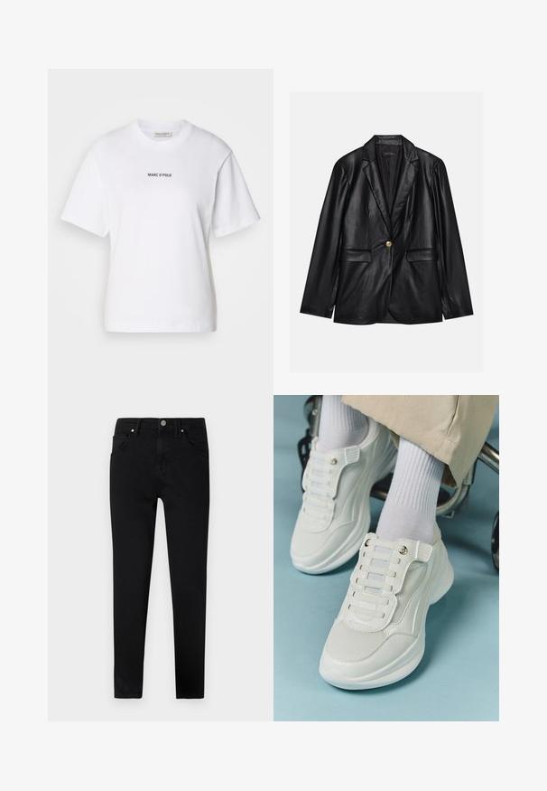 Zwarte leren blazer met een opstaande revers, sluiting met één gouden knoop, twee voorzakken en een gladde afwerking. Binnenvoering is donker.; Marc O'Polo SHORT SLEEVE ROUND NECK RELAXED FIT LOGO TEE - T-shirt basic - white; Zwarte spijkerbroek van denim met een slim fit, voorzien van een sluiting met een knop aan de voorkant, riemlussen en een klassieke vijf-pocketontwerp. Gladde textuur.; Witte sneakers met een mesh materiaal, rubberen zool, vetersloze uitvoering met elastische banden en gouden accenten.