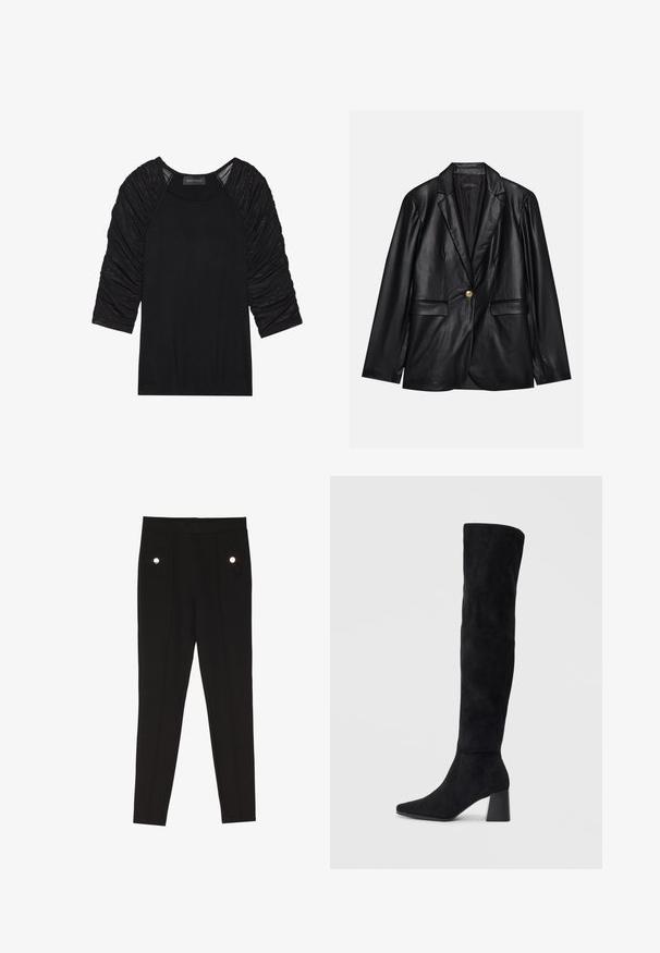 Zwarte leren blazer met een opstaande revers, sluiting met één gouden knoop, twee voorzakken en een gladde afwerking. Binnenvoering is donker.; Zwarte top met driekwart mouwen. De mouwen hebben een geplooide, gestructureerde stof. Het lijf is glad en aansluitend. Het label zegt "ANNA FIELD."; Zwarte op maat gemaakte broeken met een gladde textuur, voorzien van twee voorkruim pockets met decoratieve hardwareaccenten en een slim-fit ontwerp.; Zwarte suède kniehoge laars met blokhak, spitse neus en een glad, naadloos ontwerp op een effen lichte achtergrond.