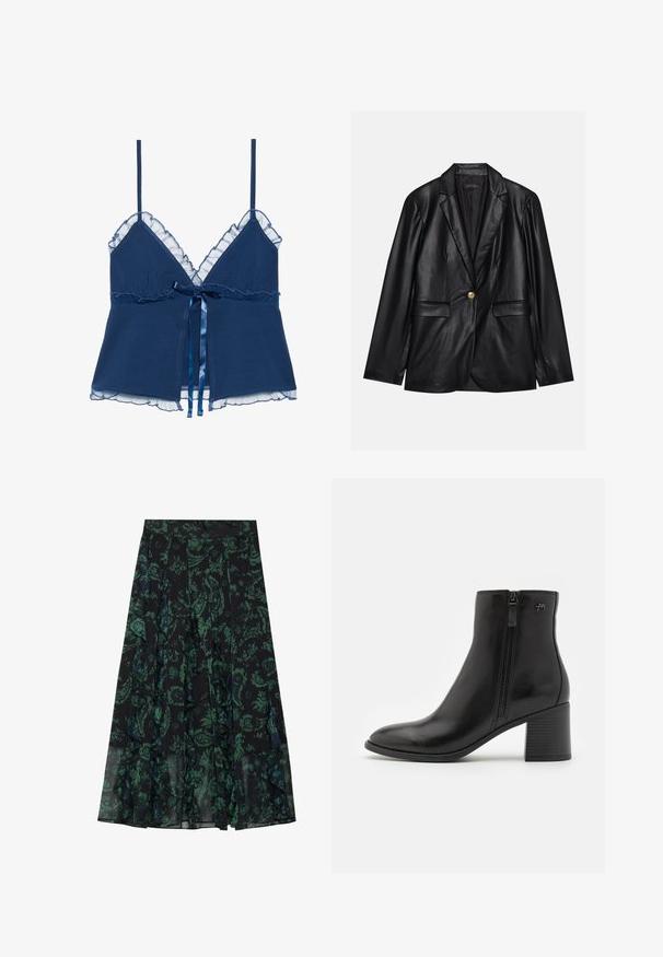 Zwarte leren blazer met een opstaande revers, sluiting met één gouden knoop, twee voorzakken en een gladde afwerking. Binnenvoering is donker.; Navy blauwe cami met dunne bandjes, voorzien van een ruche van doorschijnende kant langs de halslijn en de onderrand, en een satijnen strik rondom de taille.; Zwarte rok met groen bloemenpatroon, met gerafelde randen en plooien. Gemaakt van lichte stof, wat zorgt voor een vloeiende silhoeet.; Zwarte enkellaarsjes van soepel leer met een zijrits. Kenmerken zijn een spitse neus en een geprofileerde blokhak voor stabiliteit.
