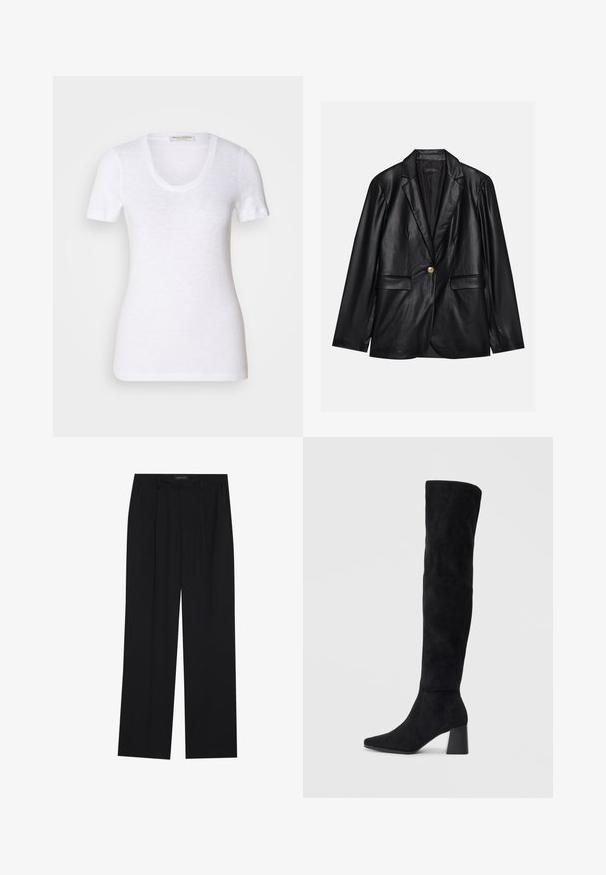 Must musta blazeri, millel on narmastega krae, üks kuldne nupulukk, kaks esist pockets ja sile viimistlus. Sisemine vooder on tume.; Valge lühikeste varrukatega T-särk, mis on valmistatud kergest materjalist, omades ümmargust kaelust ja slim-fit lõiget. Kerge tekstuur kogu pinnal.; Mustad püksid sirgjoonelise disainiga, millel on kaks esist taskut ja muudatus. Valmistatud siledast, kergekaalulisest kangast.; Must must ümberpööratud musta nahast põlve kõrgune saapad blokknõelaga, terava varbaga ja sujuva, õmblusteta disainiga, asetatud heledale taustale.