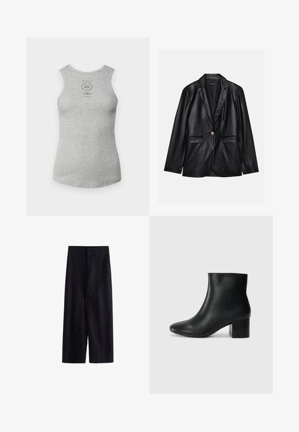 Crni kožni sako s urezanim reverom, zatvaranjem na jedan zlatni gumb, dva prednja džepa i glatkom završnom obradom. Unutrašnja podstava je tamna.; Siva pamučna majica bez rukava s okruglim izrezom, s tiskanim logotipom u središtu. Glatka tekstura i prilagođeni oblik.; Crne široke hlače od laganog materijala. Imaju ravni pojas s prednim rajsferšlusom i džepovima, prikladne za svakodnevno ili formalno nošenje.; Crne kožne čizme do članaka s uskim vrhom i debelim potplatom. Glatka tekstura s minimalnim detaljima i elegantan, prilagođen dizajn.