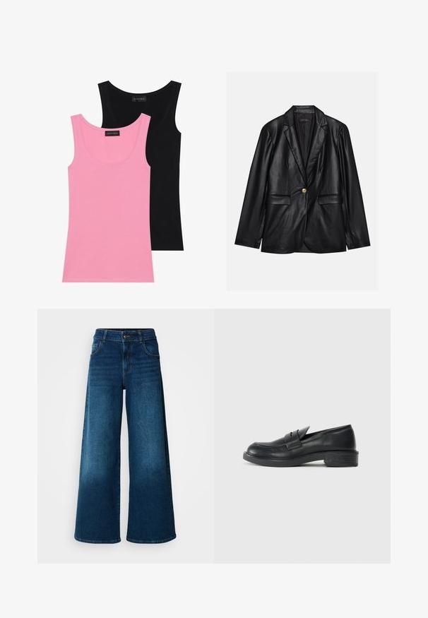 Blazer em couro preto com lapela recortada, fecho de um único botão dourado, dois bolsos frontais e acabamento suave. O forro interior é escuro.; Dois tops sem mangas em rosa e preto. Feitos de uma mistura de algodão macio, apresentam decotes redondos e formas ajustadas com costuras mínimas.; Jeans de perna larga feitos de denim azul escuro. Apresentam uma cintura alta, fecho de botão e um design clássico de cinco bolsos com um leve desbotado.; Mocassins de couro preto com bico redondo, detalhes costurados e um pequeno salto. Textura suave e sola de borracha flexível.