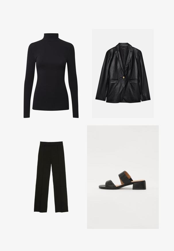 Schwarze Lederblazer mit Reverskragen, einem einzelnen goldenen Knopfverschluss, zwei Vorderaschen und glatter Oberfläche. Futter ist dunkel.; Schwarzes langärmeliges Turtleneck-Shirt aus weichem, elastischem Material mit einer figurbetonten Passform und nahtlosem Design für ein glattes Erscheinungsbild.; Schwarze weit geschnittene Hosen aus glattem Stoff, ausgestattet mit einem taillierten Bund und dezenten vorderen Falten für zusätzliche Struktur.; Schwarze Ledersandale mit zwei breiten Riemen über dem Fuß, einer quadratischen Zehenpartie und einem niedrigen Blockabsatz. Glatte Textur und minimalistisches Design.