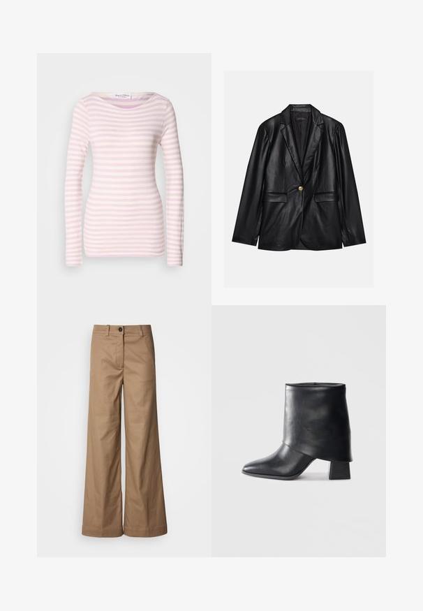 Juodas odinis švarkas su notch lapel, vienu auksiniu mygtuku užsegimu, dviem priekinėmis kišenėmis ir lygiu paviršiumi. Vidinėje pamušalo dalyje yra tamsi spalva.; Ilgais rankovėmis dryžuotas marškinėliai šviesiai rožinės ir baltos spalvos, su apvaliu iškirpimu ir prigludusia forma, pagaminti iš minkštos, tamprios medžiagos.; Platus kelnes, pagamintos iš lygaus, rusvos spalvos audinio. Yra priekinė sagtis, diržo kilpos ir šoninės kišenės. Švarios linijos, be matomų raštų.; Juodos odinės kulkšnės botai su smailiu pirštu, lygiu paviršiumi ir standžiu blokiniu kulnu. Ypatybė - aukštas, sulankstytas užkulnis.