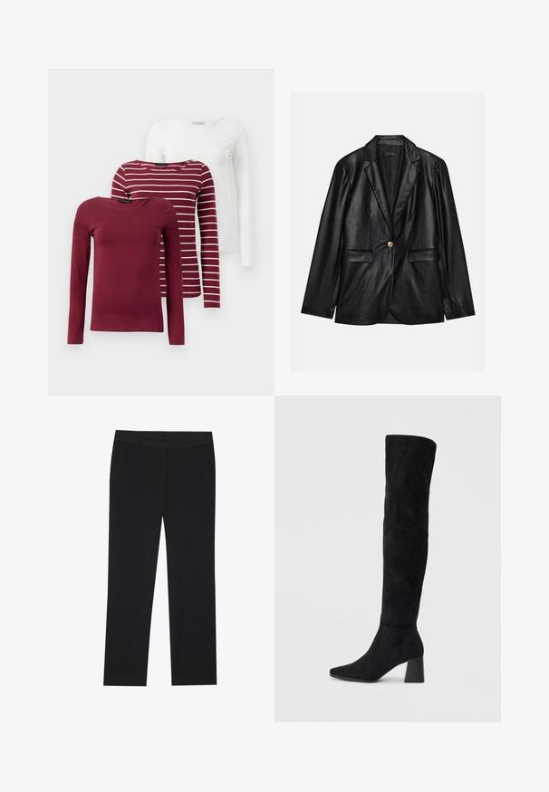 Melnas ādas žakete ar ieliektām atlokām, vienu zelta pogu aizdari, divām priekšējām kabatām un gludu apdari. Iekšējā odere ir tumša.; Trīs garās piedurknes T-kreklus: viens vienkrāsains burgundijas, viens burgundijas ar baltām svītrām un viens vienkrāsains balts. Visi ir izgatavoti no mīkstas, elastīgas auduma.; Melni bikses ar taisnu kāju dizainu, ar sānu kabatām un gludu auduma tekstūru. Minimāla apdare, tīra jostasvieta.; Melna zamšāda līdz ceļiem, ar blokveida papēdi, norādītu purngalu un gludu, bezšuvju dizainu uz vienkārša gaiša fona.