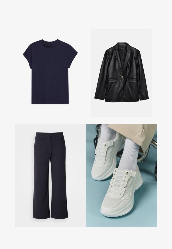Blazer em couro preto com lapela recortada, fecho de um único botão dourado, dois bolsos frontais e acabamento suave. O forro interior é escuro.; T-shirt de algodão azul-marinho com um decote redondo e mangas curtas, apresentando um corte descontraído e uma textura suave. Sem padrões ou detalhes.; Calças largas de tecido azul marinho escuro. Apresentam uma frente lisa, passantes para cinto e bolsos laterais. O material é suave com um ligeiro alongamento.; Tênis brancos com material em rede, sola de borracha, design sem atacadores com faixas elásticas e detalhes em tom dourado.